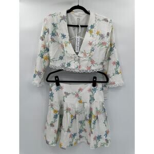 For Love & Lemons Majorie Floral Skirt Blazer Set Whit Lace Pleated Size Large